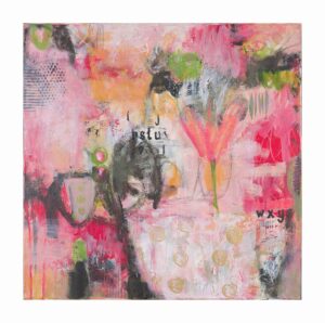 Garden Party has rich, warm strokes of paint atop a canvas mixed with dark greys and carefully constructed typography.